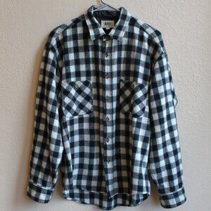 Vintage REI Large Men Wool Blend Button Up Flannel Shirt Black Ivory Blue Plaid